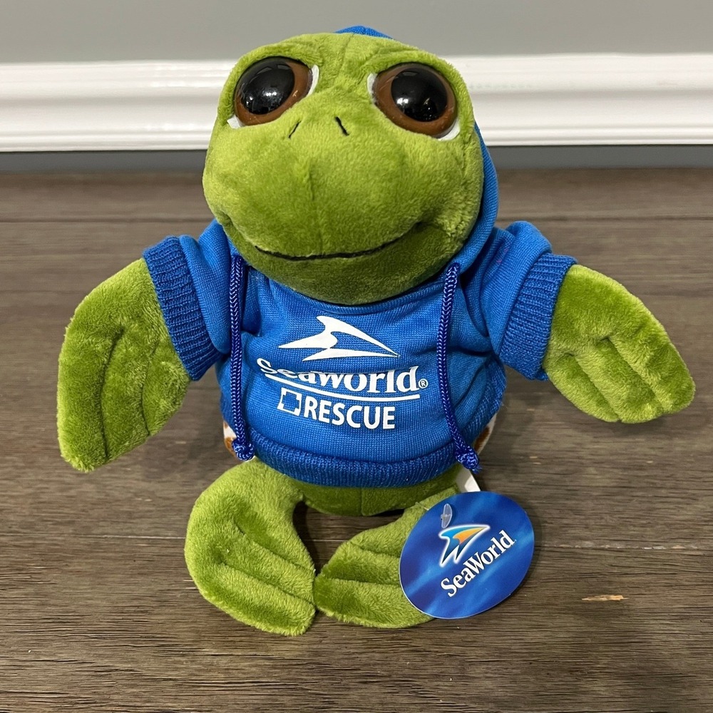 SeaWorld Rescue Plush Turtle Green Stuffed Animal Blue Hoodie Toy 7" NWT